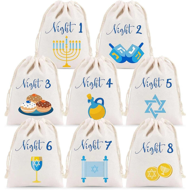 8-Night Hanukkah Countdown Advent Calendar Drawstring Gift Bags Holiday Gift Bags Peaceful Pleasures Health and Wellness 1 to 8 bags 13x18cm