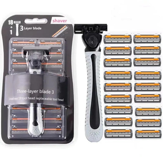 Triple Blade Reusable Razor with 18 Replacement Heads | Men & Women Manual Razor Set Peaceful Pleasures Health and Wellness