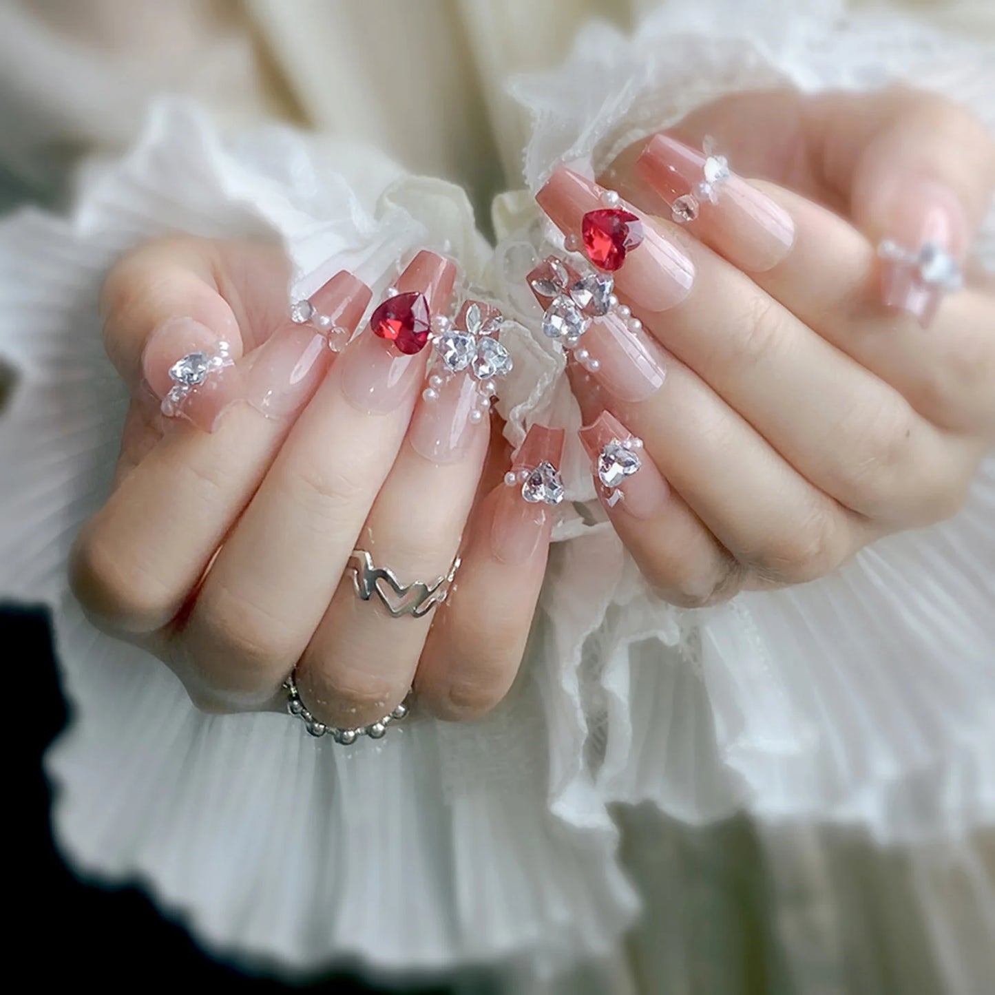 24pcs Sweet Cute Bow False Nails with Pink Crystal Design Korean Fake Nail Tips for Girl Lady Wearable Full Cover Press on Nails Peaceful Pleasures Health and Wellness 13