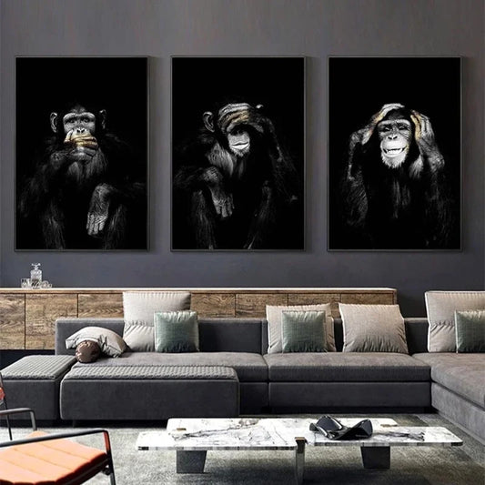 Animal Poster Large Size Posters Canvas Painting Wall Art Dark 3 Funny Monkey Posters and Prints for Living Room Home Decoration Peaceful Pleasures Health and Wellness