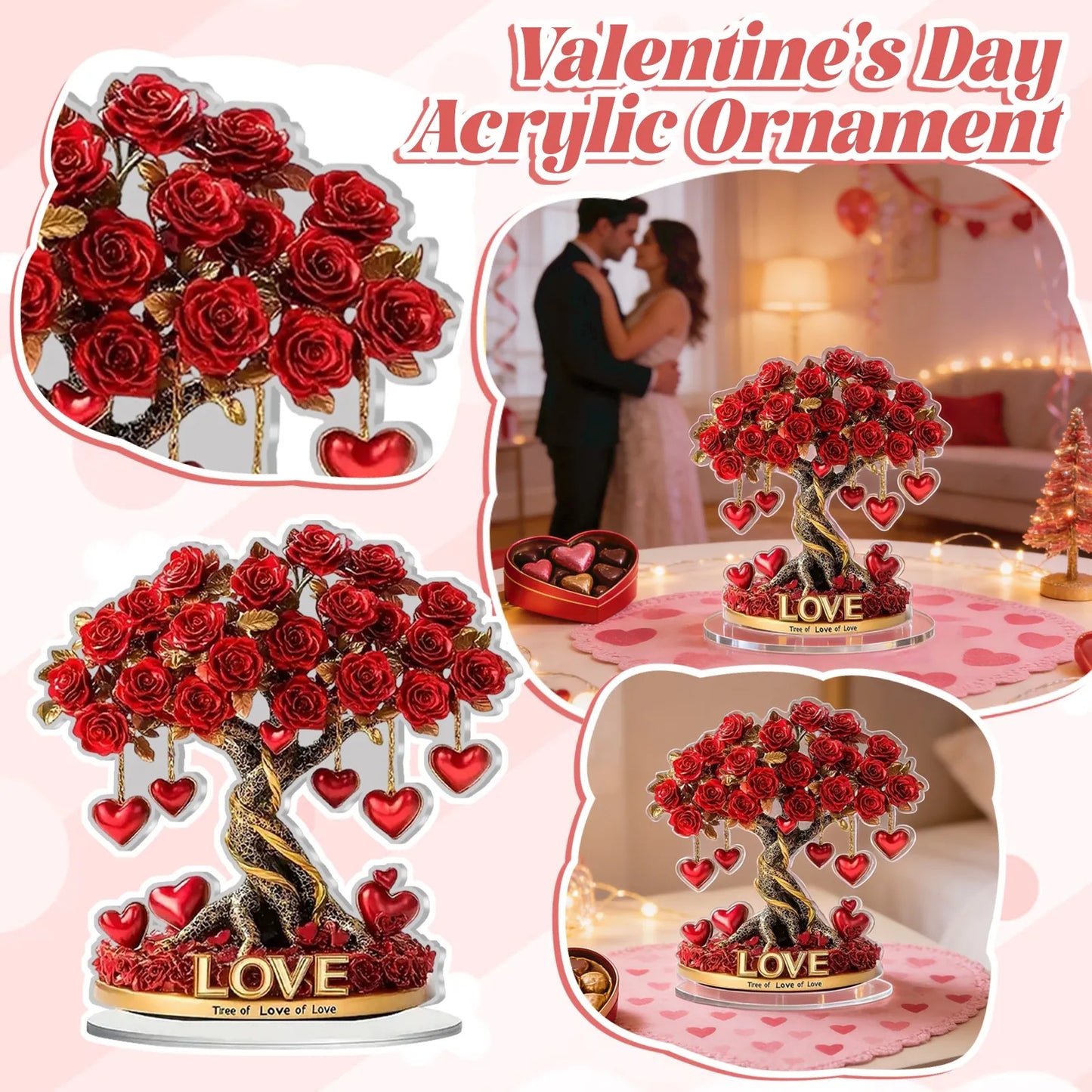 Valentine's Day Rose Heart Tree 2D Acrylic Desktop Ornament
