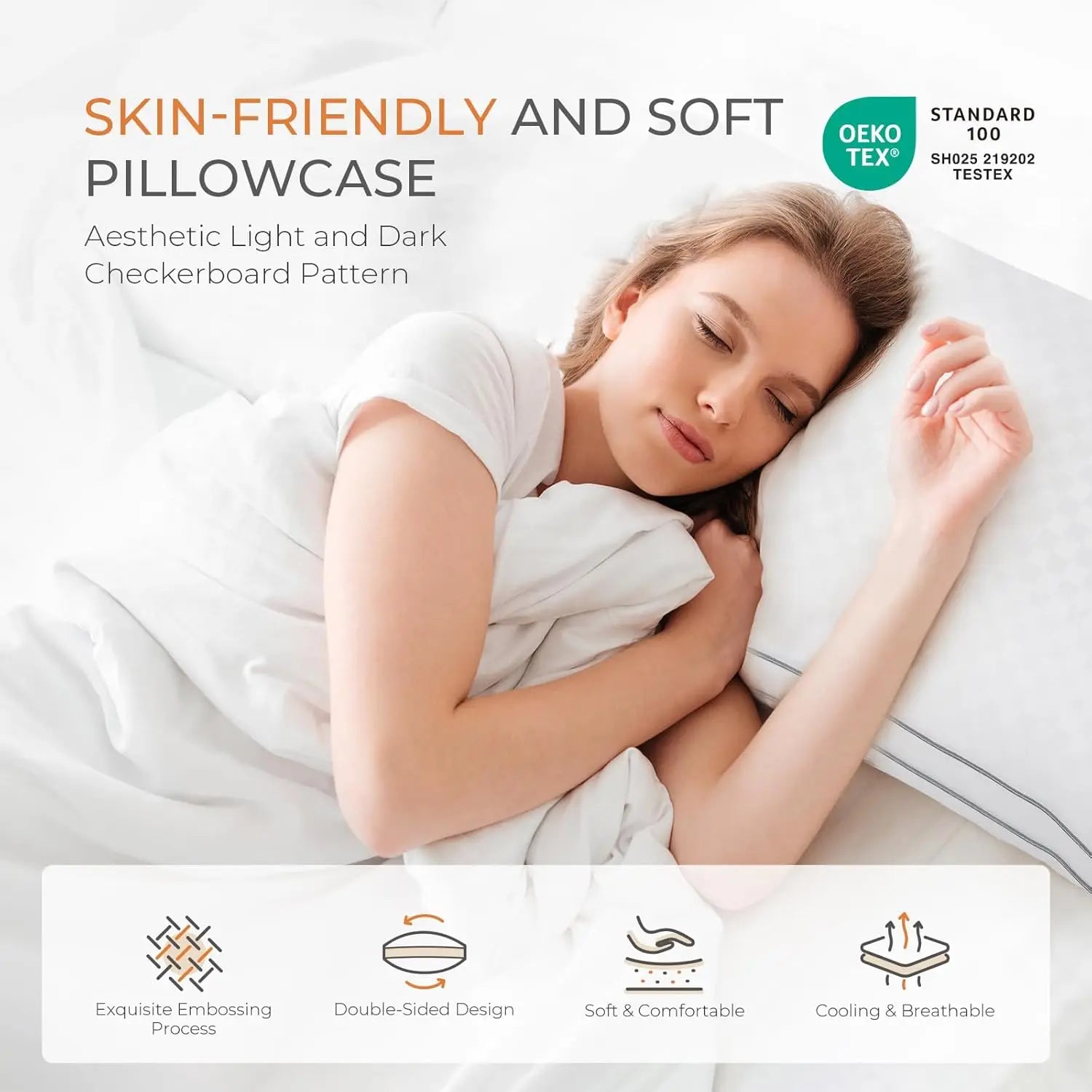 Woman sleeping with a pillow, emphasizing skin-friendly and soft pillowcase features.