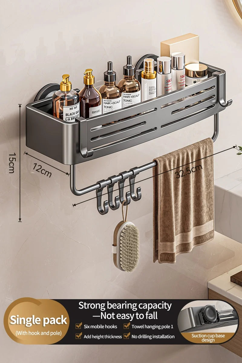 No-Drill Suction Cup Bathroom Wall Shelf | Aluminum Rack