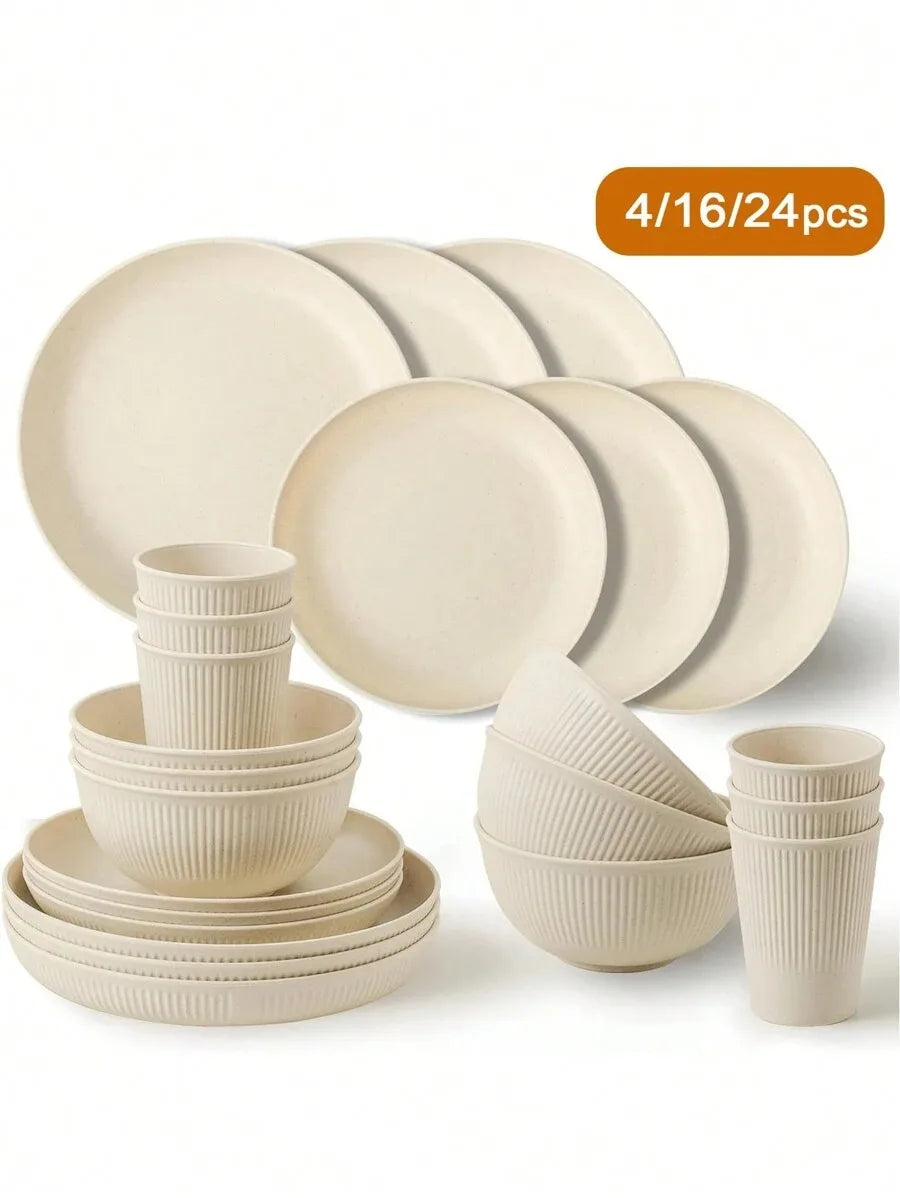 4/8/16pcs Plastic Dinnerware Set Reusable Cup Plate and Bowl Set Suitable for Camper Camping Picnic Dormitory Beige Peaceful Pleasures Health and Wellness