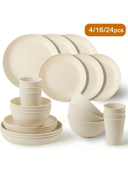 4/8/16pcs Plastic Dinnerware Set Reusable Cup Plate and Bowl Set Suitable for Camper Camping Picnic Dormitory Beige Peaceful Pleasures Health and Wellness