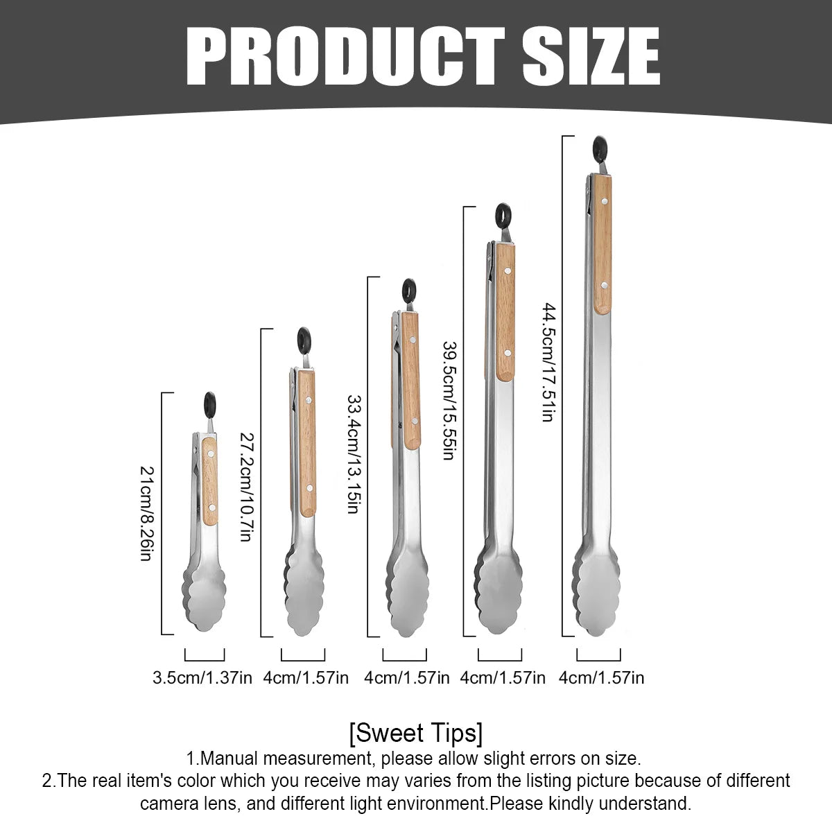 Leeseph Stainless Steel Food Tongs, 7-16 Inch Length, Heavy Duty Kitchen Tongs with Wooden Handle for Cooking, Grilling and BBQ Peaceful Pleasures Health and Wellness