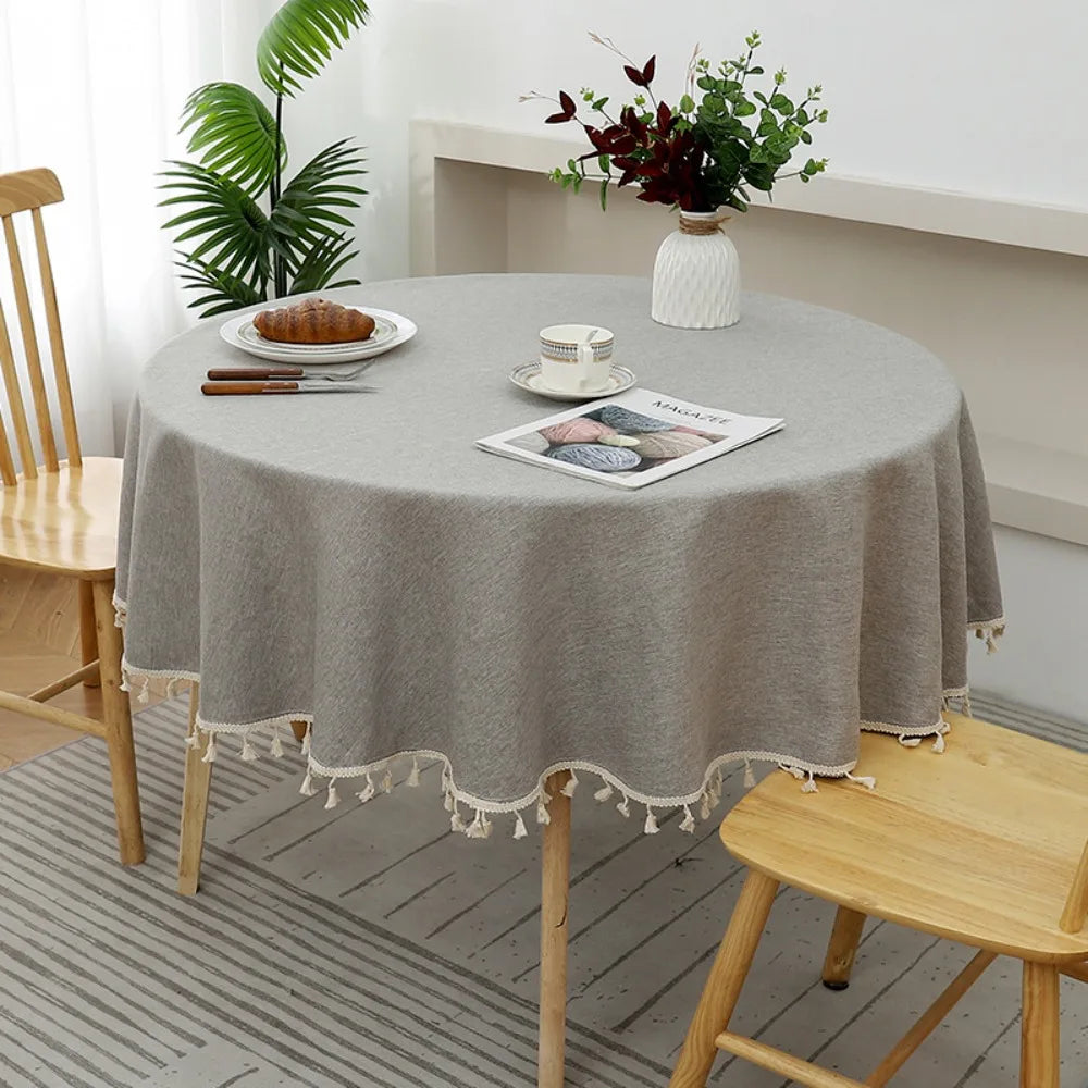 Round Cotton Linen Tablecloth with Tassels | Waterproof & Dustproof