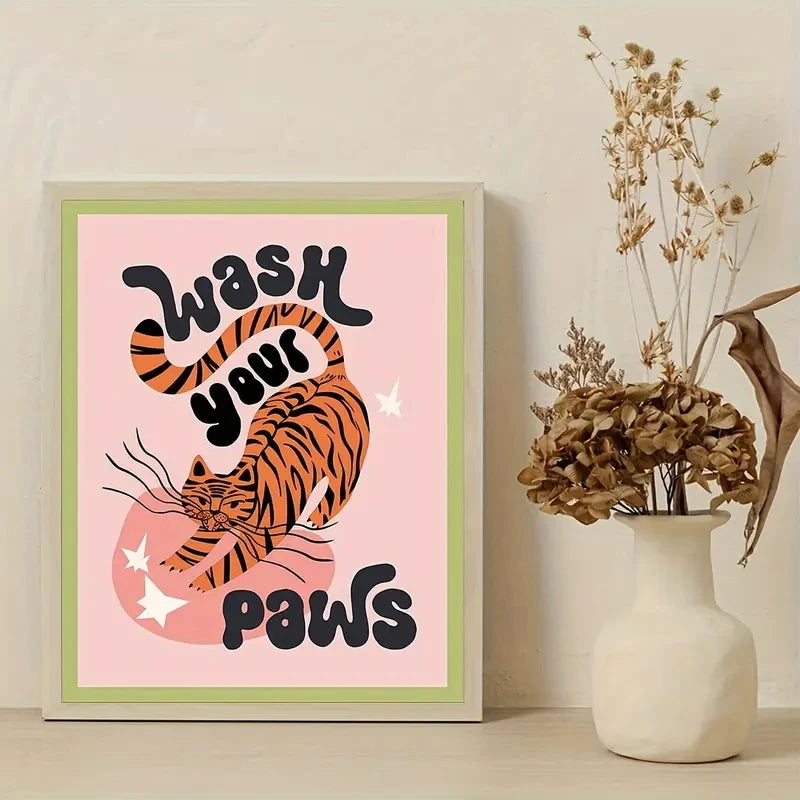 "Wash Your Paws" Funny Tiger Minimalist Canvas Wall Art Print