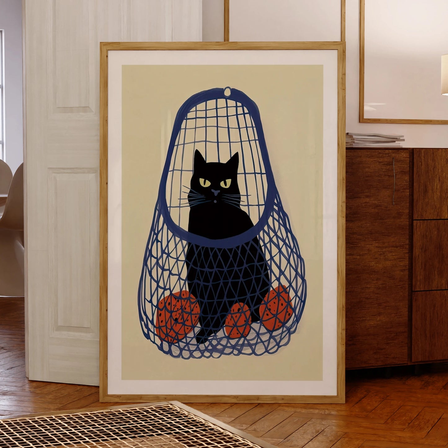 Black Cat Blue Bag Oranges Canvas Wall Art Print | Home Decor