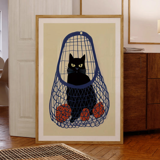 Black Cat Blue Bag Oranges Canvas Wall Art Print | Home Decor Canvas Wall Art Peaceful Pleasures Health and Wellness