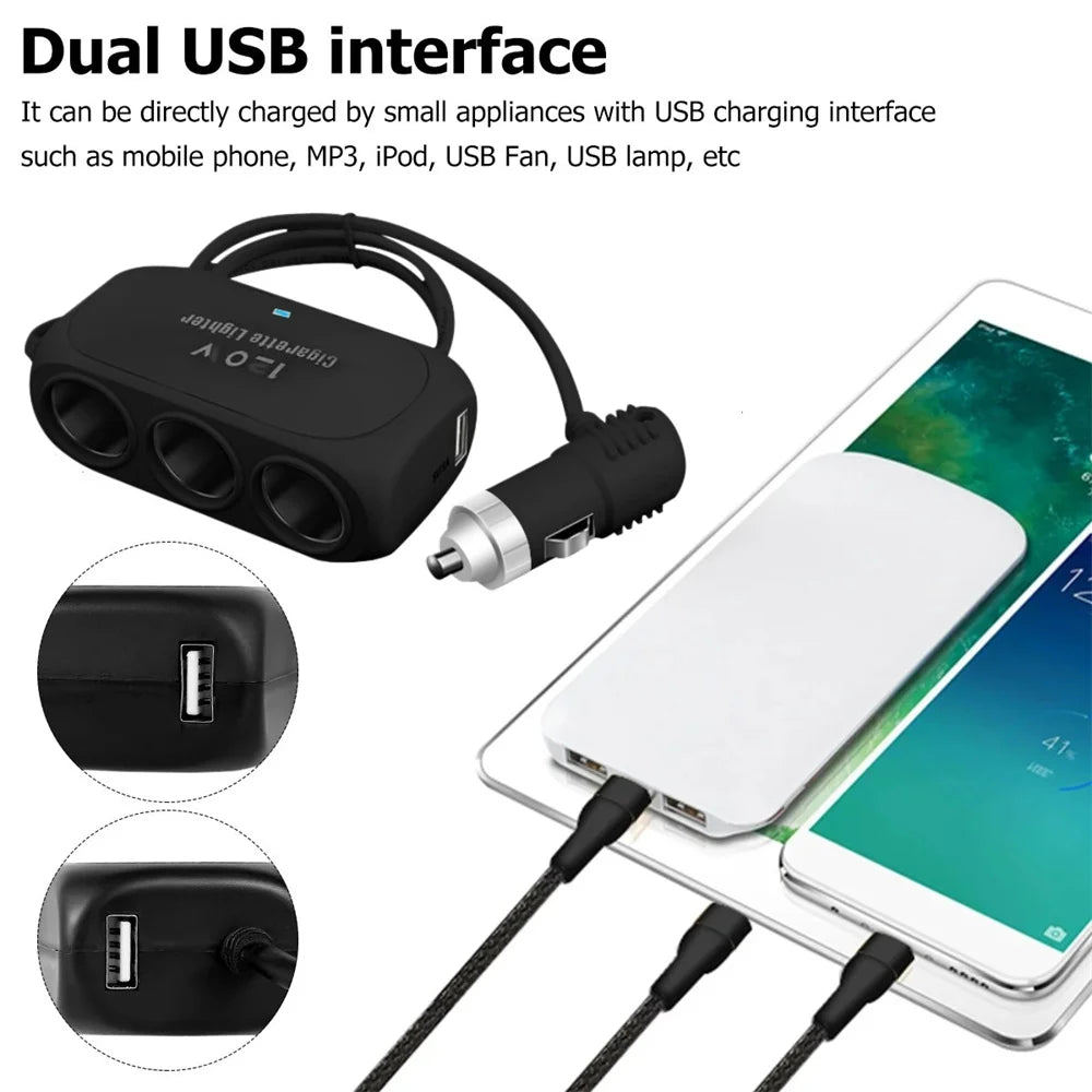 120W 3-in-1 Car Charger USB-C & USB Fast Charging Splitter