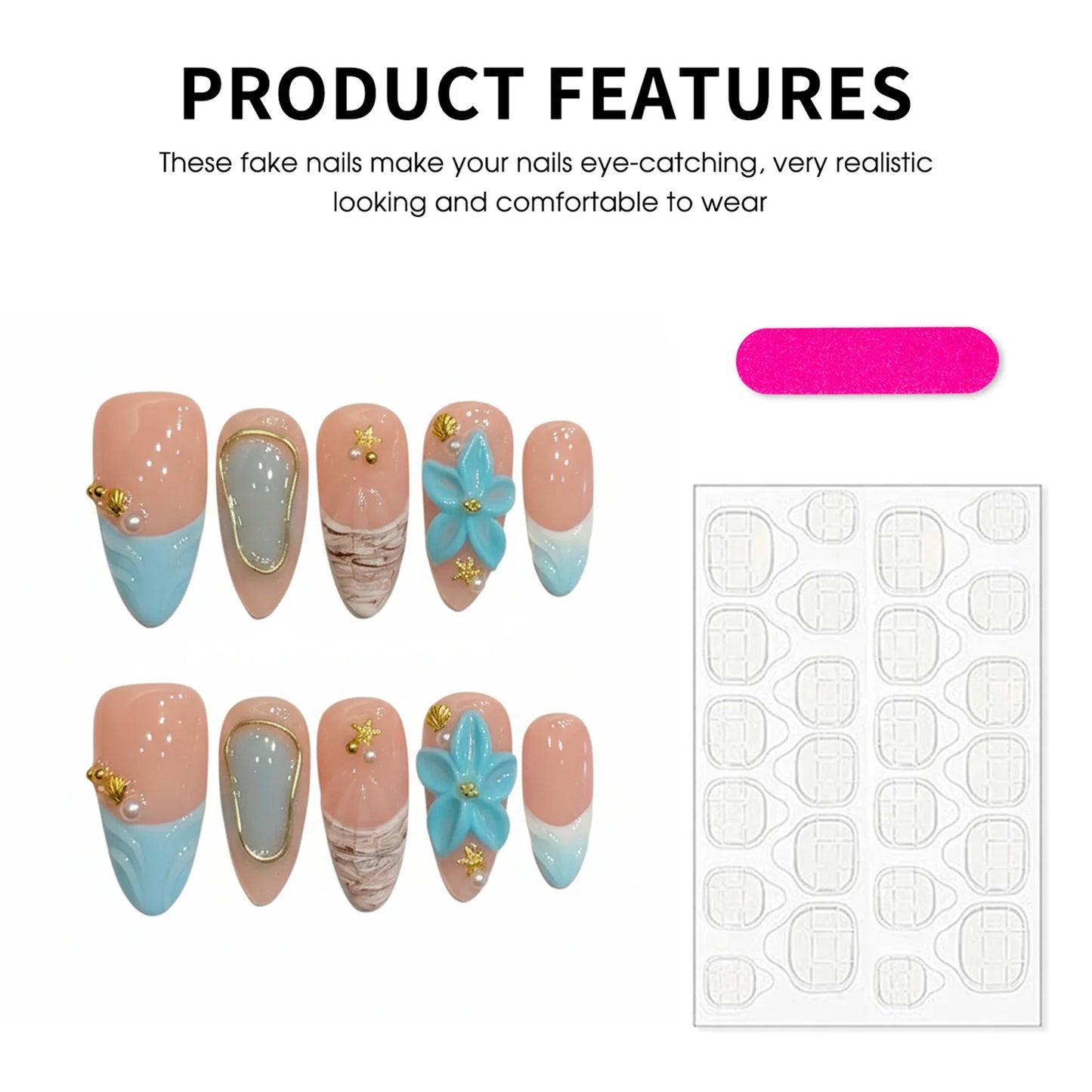 Handmade Press On Nails 10pcs Almond Ocean Style Fake Nails 3D Carved Flower Decor Wearable Fashion French False Nails For Women Peaceful Pleasures Health and Wellness