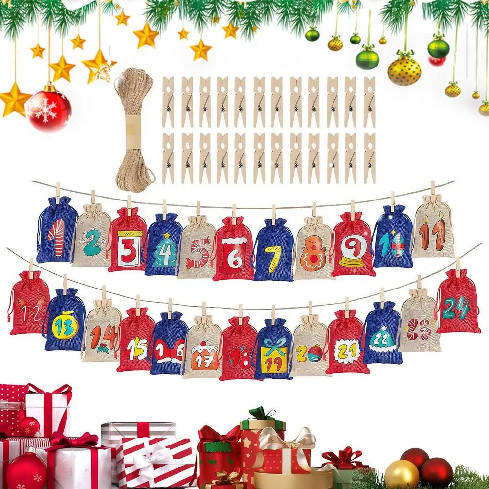 Advent Christmas Calendar Bags 24-Day Christmas Decorations Reusable Empty Drawstring Bags With Numbers For Wedding Holiday Peaceful Pleasures Health and Wellness C China Mainland 14x10cm