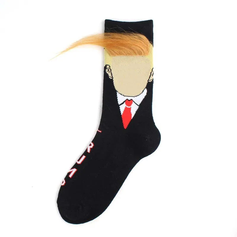Funny and Funny Presidential Socks With 3D Fake Hair Round Neck Socks for Men's Street Clothing Hip Hop Socks Peaceful Pleasures Health and Wellness black One Size