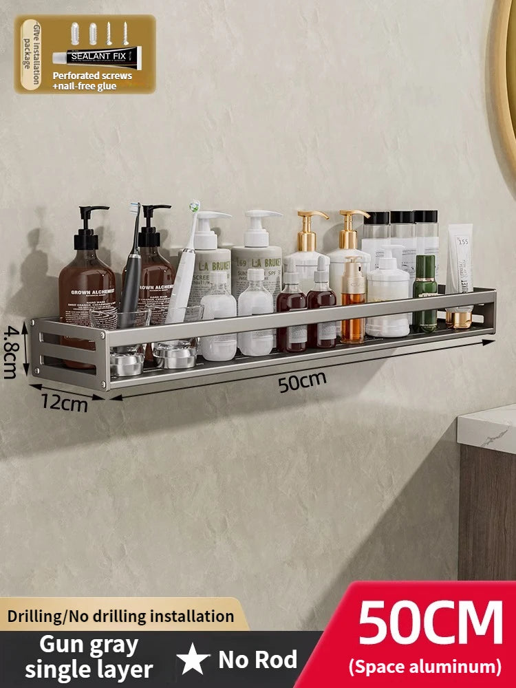 Aluminum No-Drill Shower Corner Shelf with Towel Bar