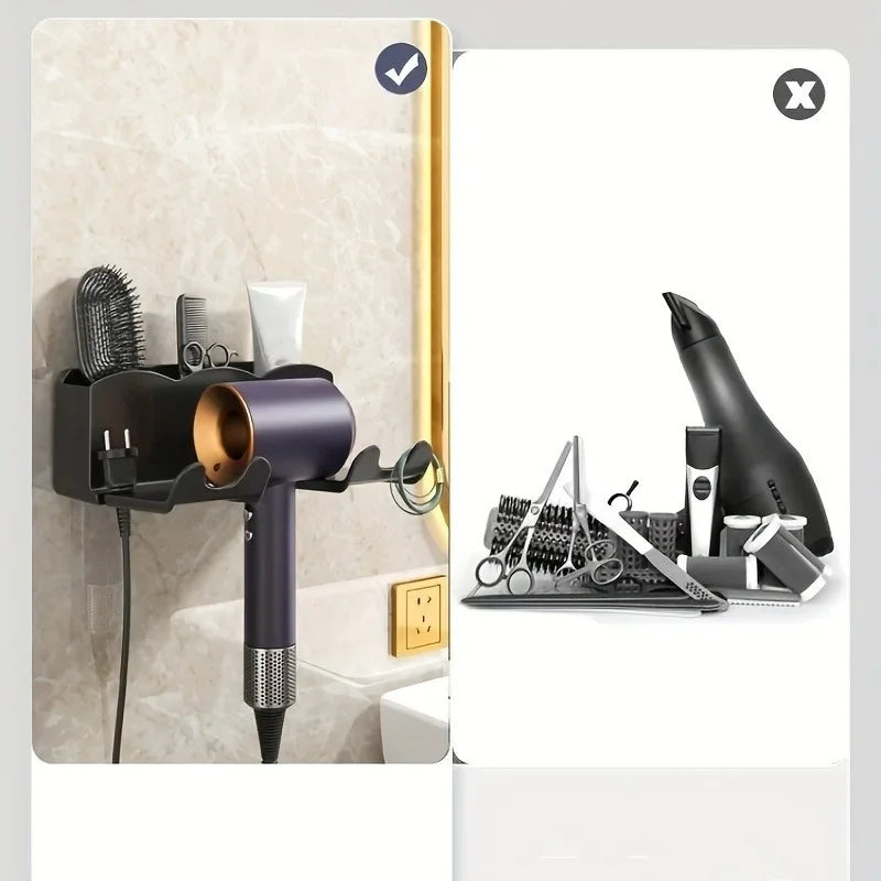 No-Drill Wall-Mount Hair Dryer Holder & Bathroom Storage Rack