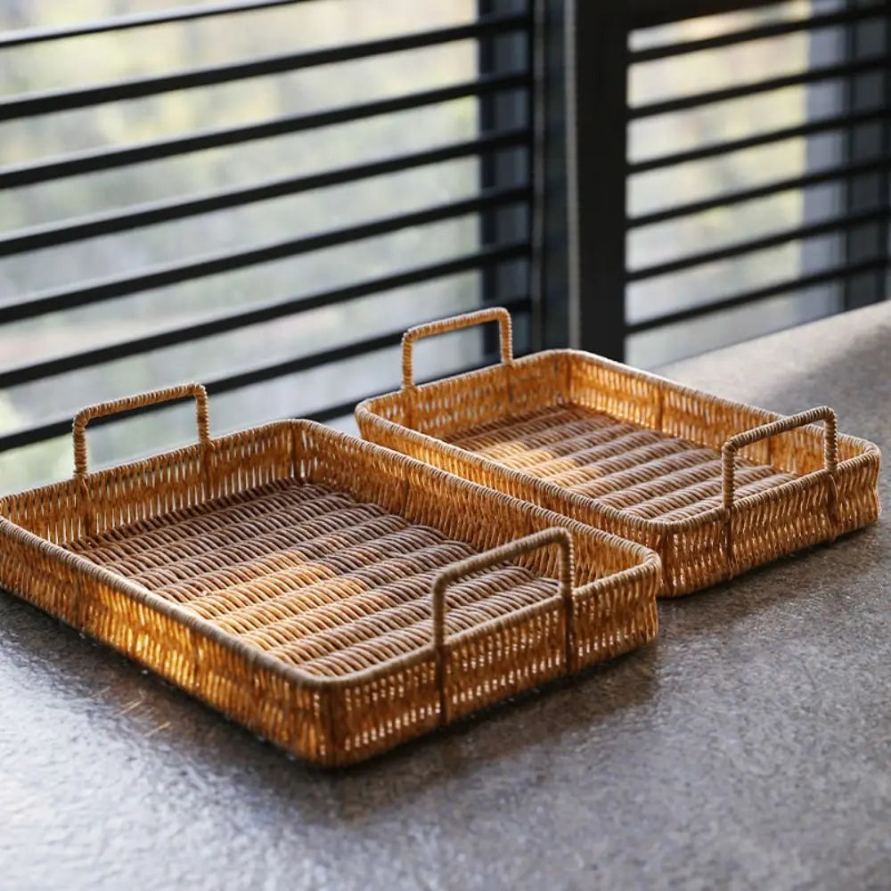 Wicker-Woven Plastic Serving Tray with Handles | 2 Sizes