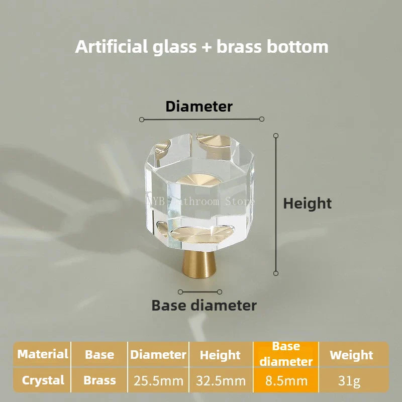 Solid Brass Crystal Glass Cabinet Pull Handle & Drawer Knob