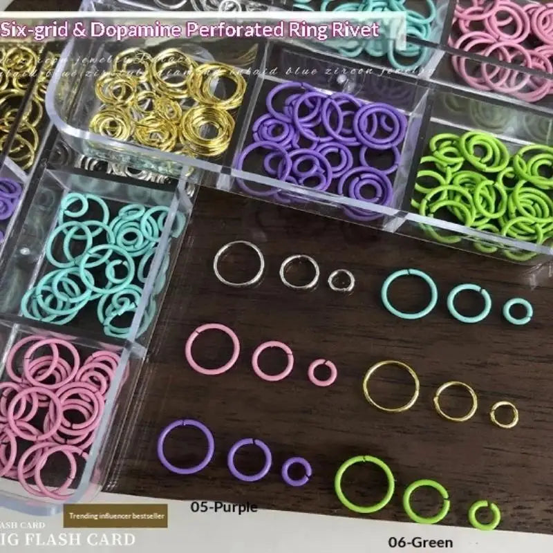6-Grid Dopamine Nail Art Rings – Mixed Metal Rivets & Charms