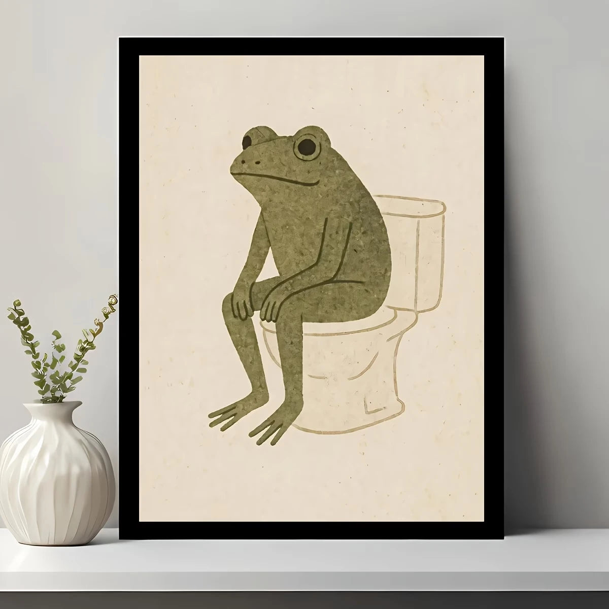 Retro There Is A Frog On The Toilet Funny Wall Art Print Canvas Painting Poster Picture For Bedroom,Living Room Home Decor Peaceful Pleasures Health and Wellness G3691 30x40cm Black Framed