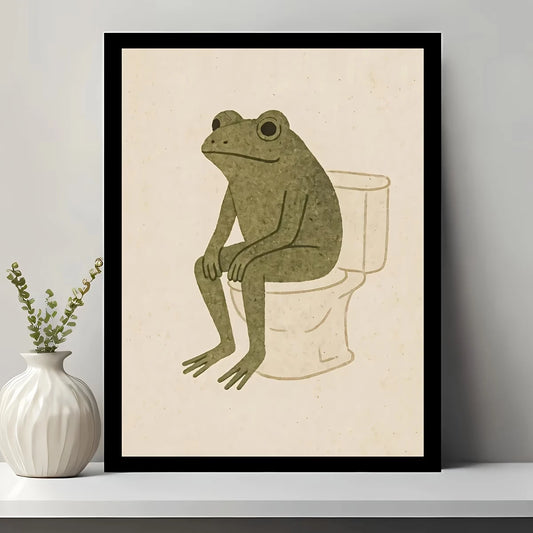 Retro There Is A Frog On The Toilet Funny Wall Art Print Canvas Painting Poster Picture For Bedroom,Living Room Home Decor Peaceful Pleasures Health and Wellness G3691 30x40cm Black Framed