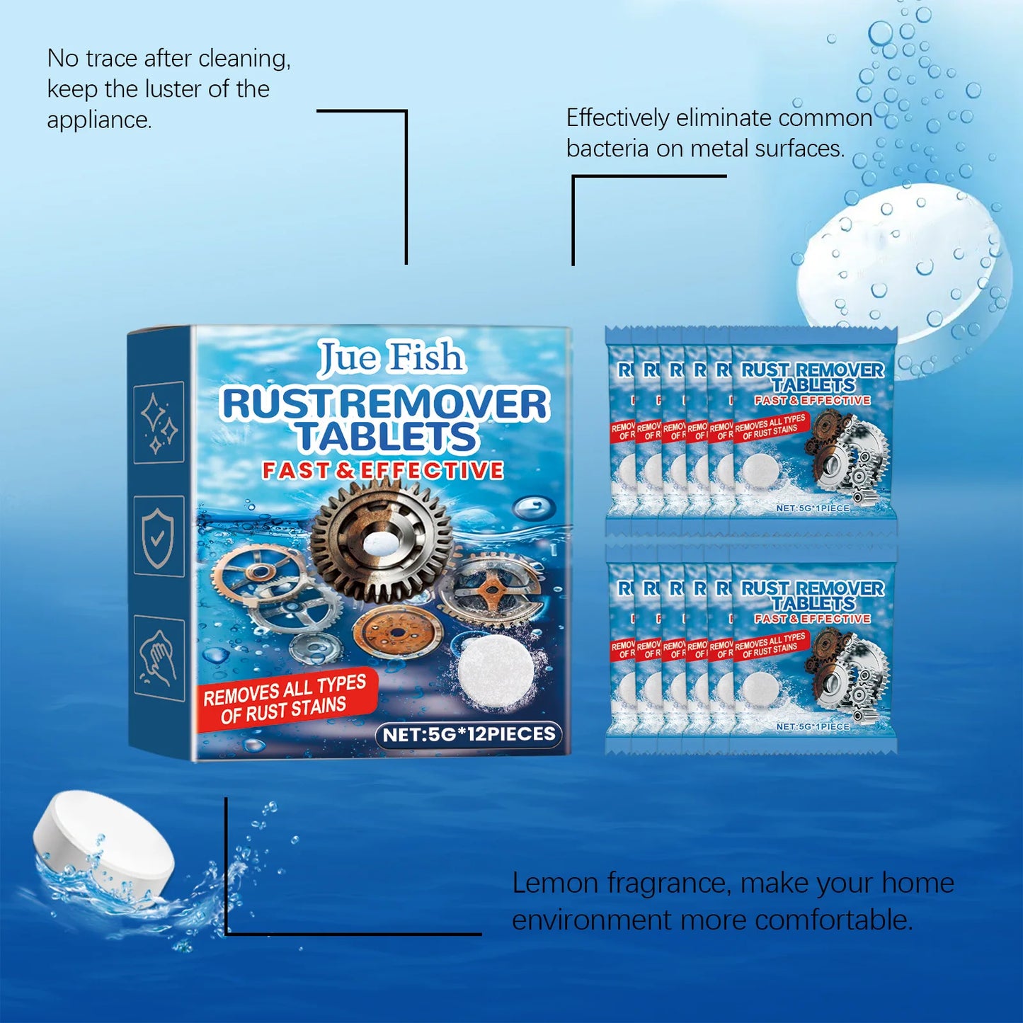 Rust Remover Effervescent Tablets | Metal Cleaner 12 Pack