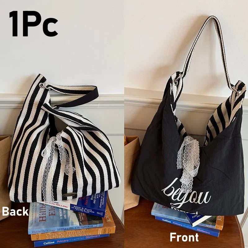Double-Sided Women's Tote Bag | Striped Lace Bow Shoulder Bag