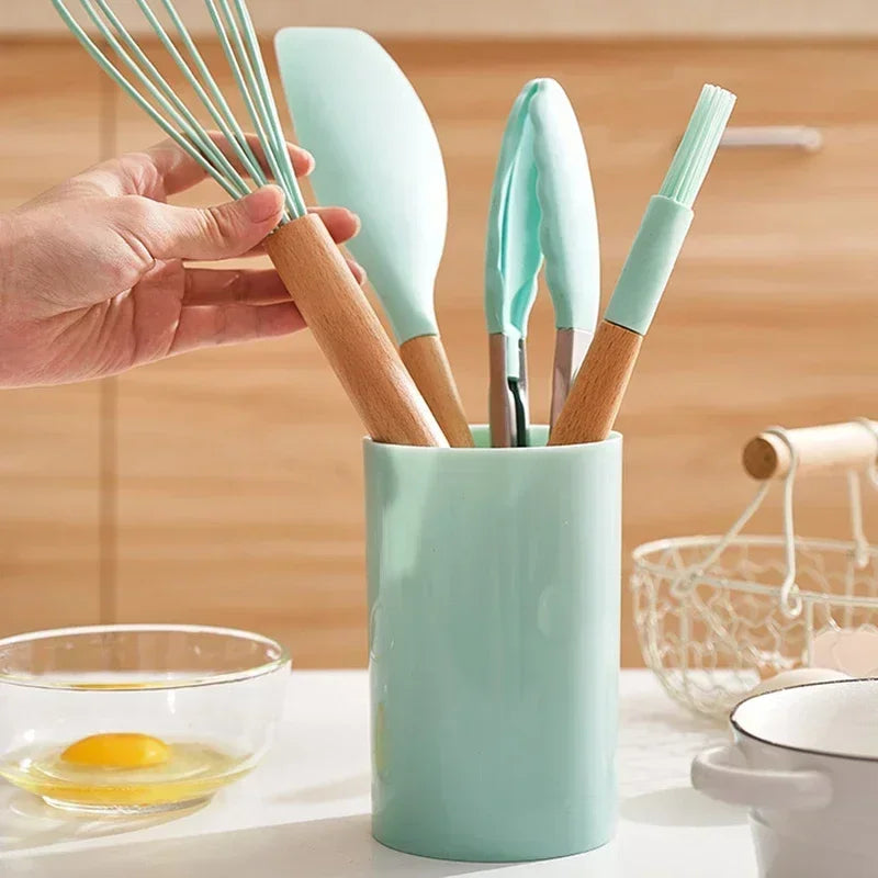 12Pcs Silicone Kitchen Cooking Utensils Set Wooden Handle Cooking Tool Non-stick Cookware Spatula Shovel Egg Kitchenware Beaters Peaceful Pleasures Health and Wellness