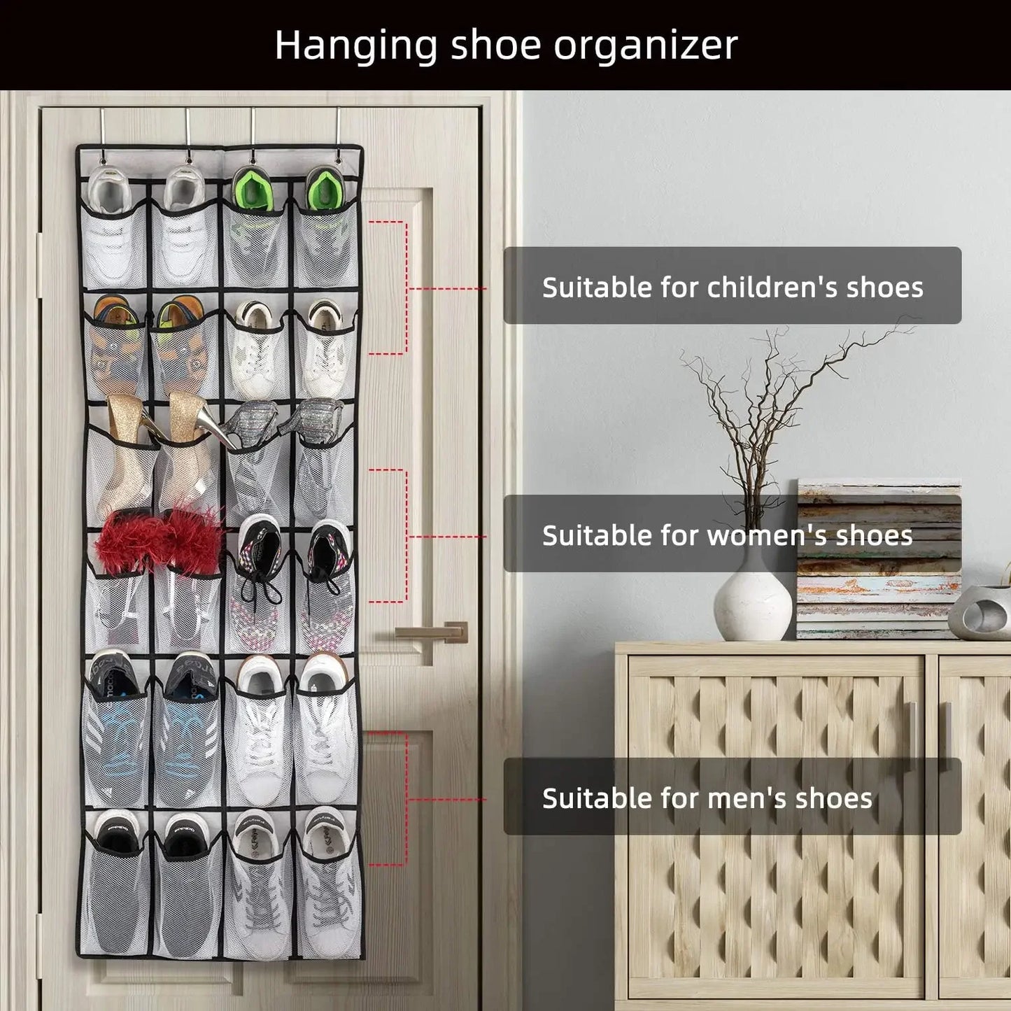 24-Pocket Hanging Shoe Organizer, Breathable Mesh Storage Bag for Men Women Kids Shoes, Space-Saving Door Rack Peaceful Pleasures Health and Wellness