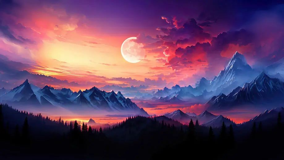Mountain Landscape Sunset Moon Canvas Wall Art | Home Decor