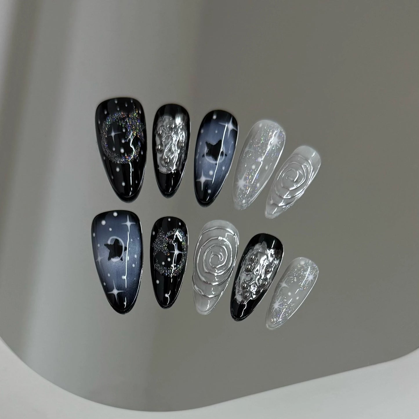 10pcs Handmade Press on Nails Y2k Starry Night Sky Almond Fake Nail Tips Detachable Wearable Sweet Cool False Nails for Girls Peaceful Pleasures Health and Wellness