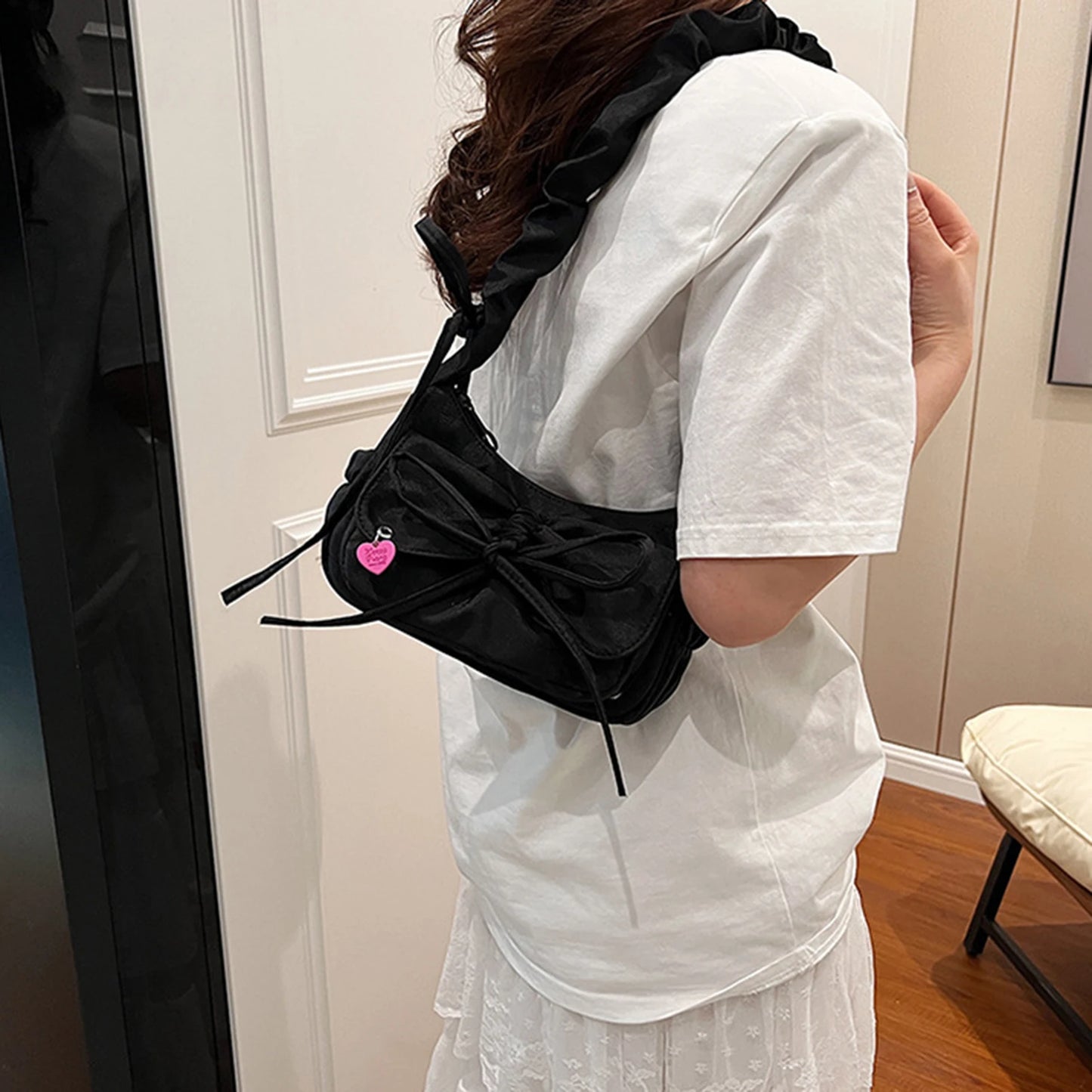 1Pcs/lot Black Bow Casual Shoulder Bags for Women Korean Style Washed Denim Summer Handbag Exquisite Gift for Ladies Birthday Peaceful Pleasures Health and Wellness