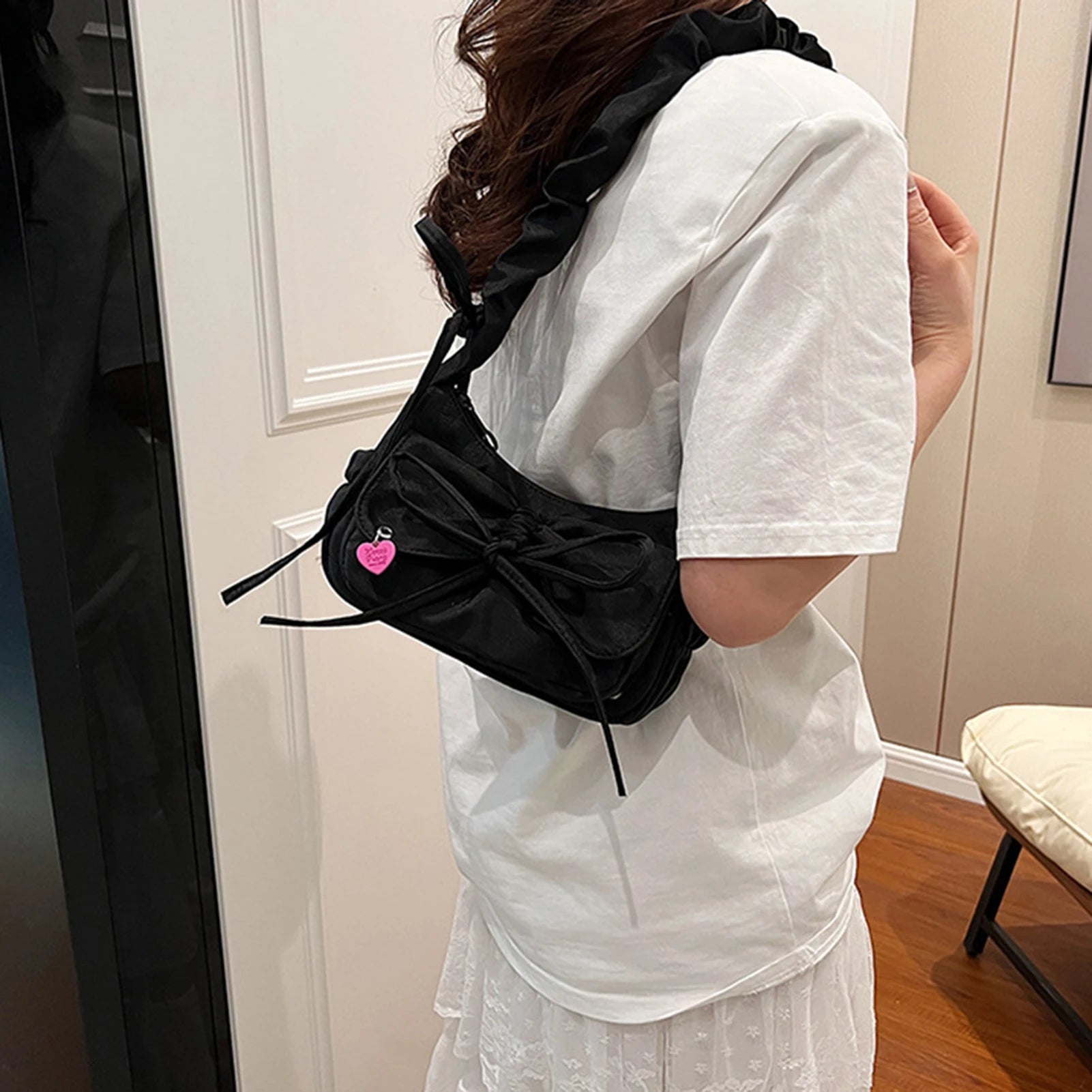 1Pcs/lot Black Bow Casual Shoulder Bags for Women Korean Style Washed Denim Summer Handbag Exquisite Gift for Ladies Birthday Peaceful Pleasures Health and Wellness