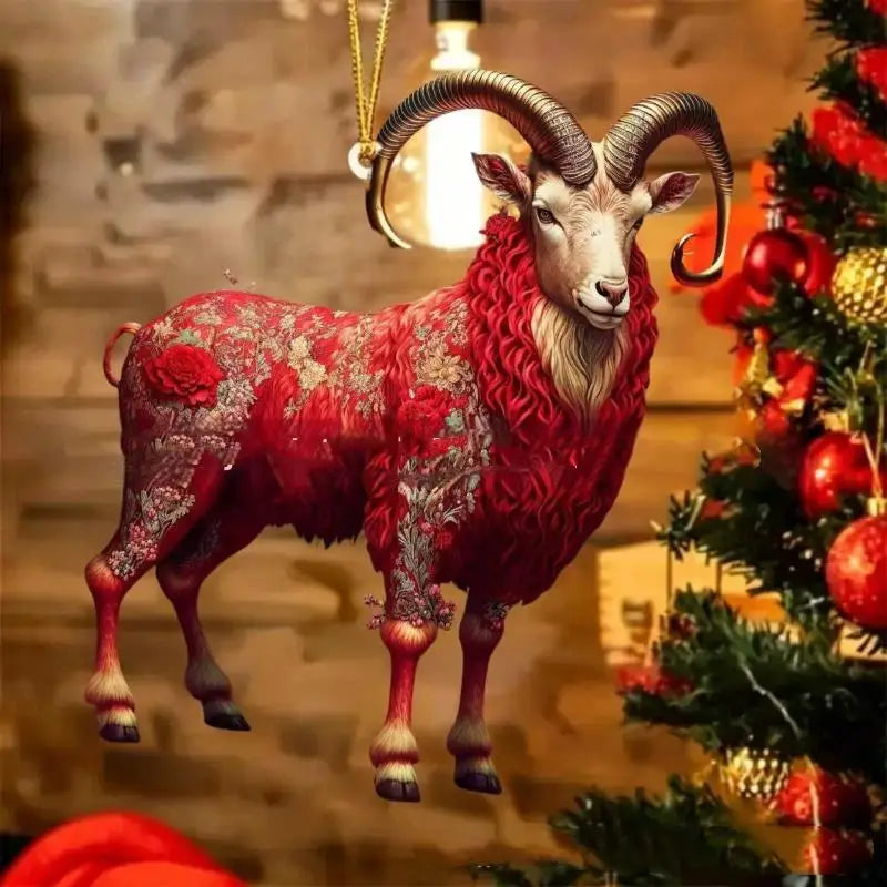 Acrylic Chinese Zodiac Goat Ornament – Red & Gold Lunar Decor