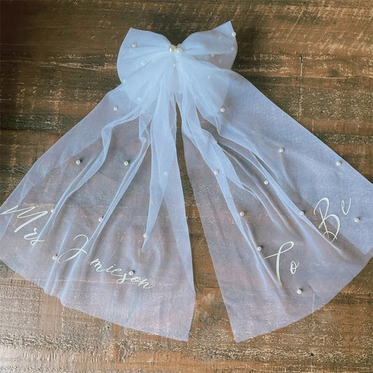 Personalised Pearl Bow Bridal Veil – Bachelorette & Hen Party Gift Bridal Hair Accessory Peaceful Pleasures Health and Wellness