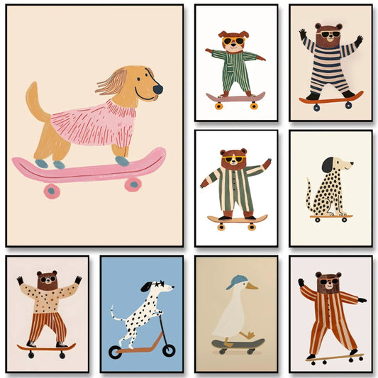 Cute Skateboard Dog Dachshund Canvas Prints Poster Cartoon Funny Animal Art Prints Bedroom Nursery Wall Art Home Decor Poster Peaceful Pleasures Health and Wellness