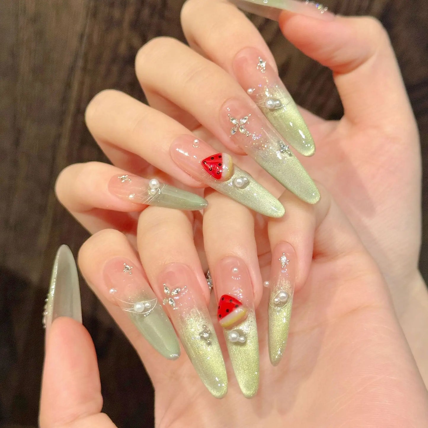 10pcs Handmade Press on Nails Summer Pink Green Almond Fake Nail Tips Women Wearable Full Cover Gradient Cat Eye False Nails Peaceful Pleasures Health and Wellness S 1