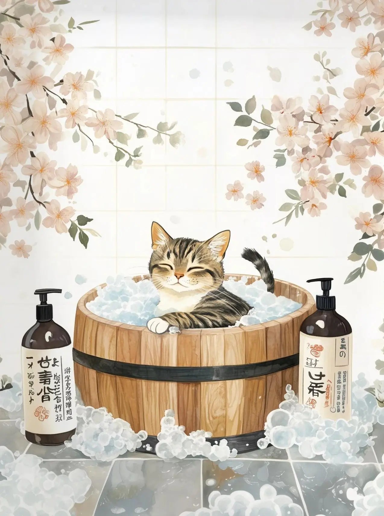 Japanese Cherry Blossom Cat Hot Spring Canvas Wall Art Print Canvas Wall Art Print Peaceful Pleasures Health and Wellness