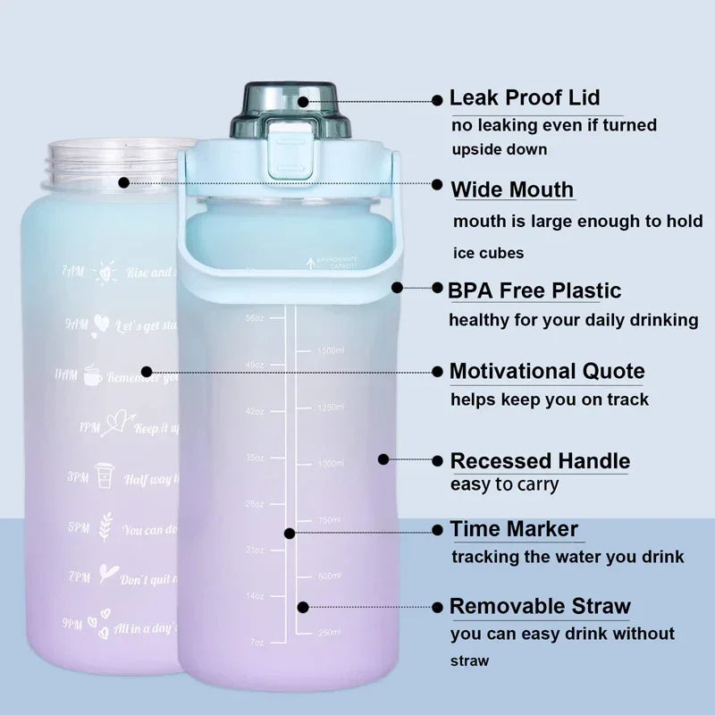 2L Motivational Sports Water Bottle | BPA-Free Tritan & Straw