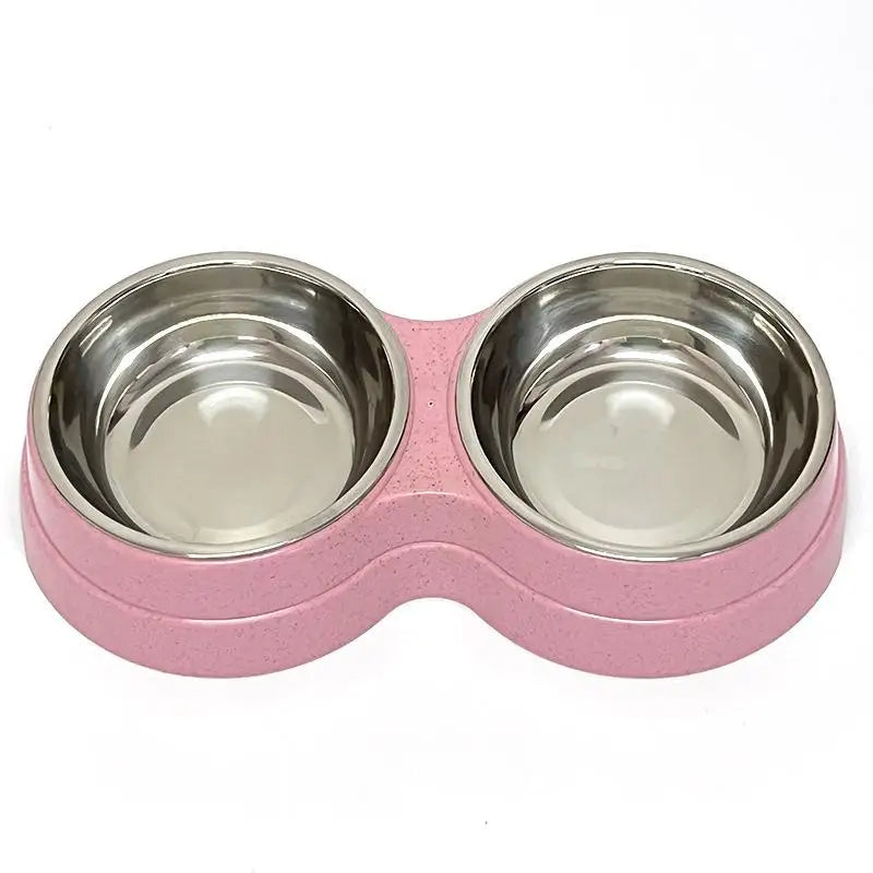Colorful Wheat Straw Base Stainless Steel Pet Tableware Healthy Safe Double Bowl Feeding Set Liner Cat Dog Drinking Feeding Bowl Peaceful Pleasures Health and Wellness 1pcs Pink