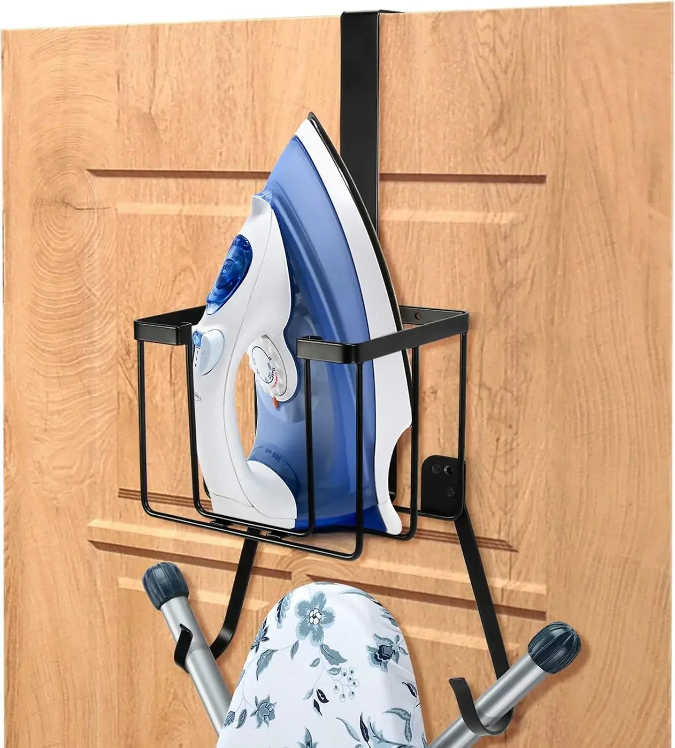Over Door Wall Mount Ironing Board Hanger with Iron Caddy Storage Holder Black Peaceful Pleasures Health and Wellness