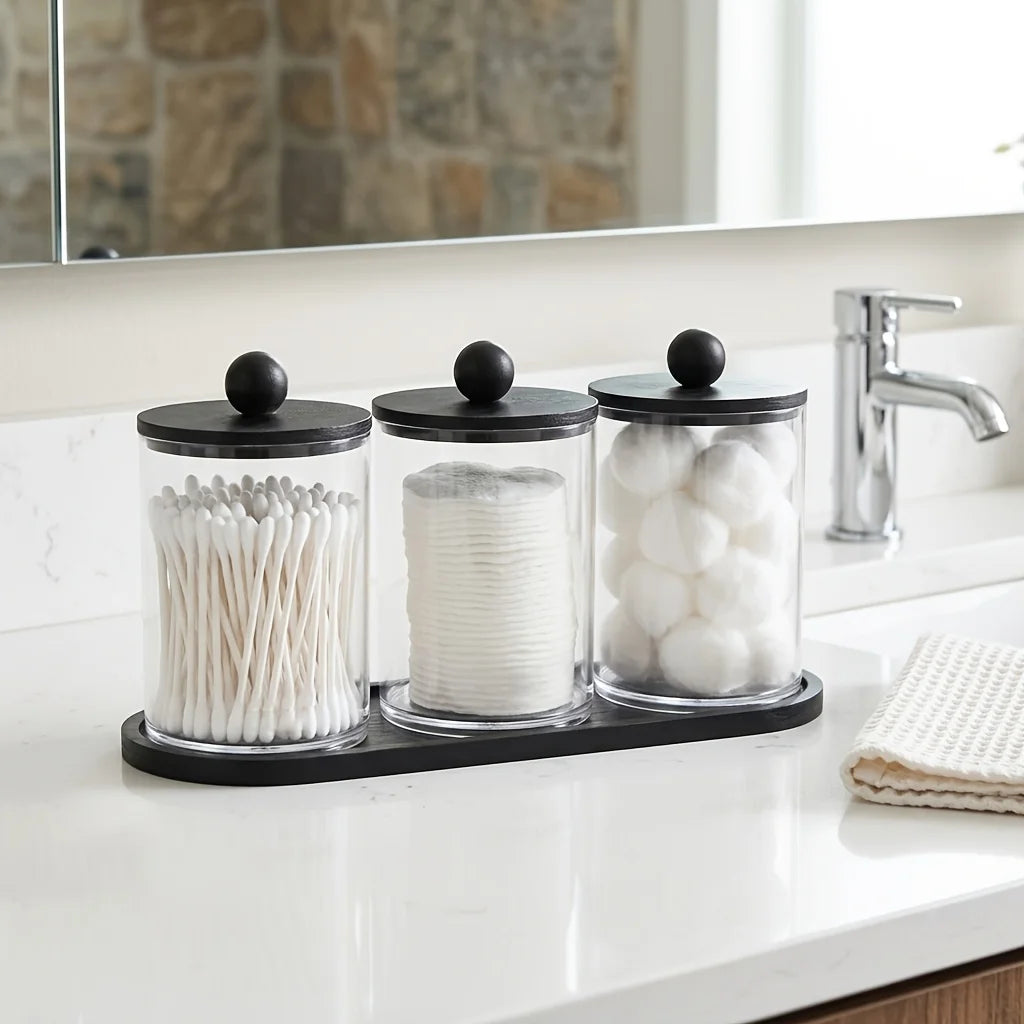 3-Pack Q-Tip Holder & Apothecary Jar Set with Tray – Cotton Swab & Dental Floss Organizer