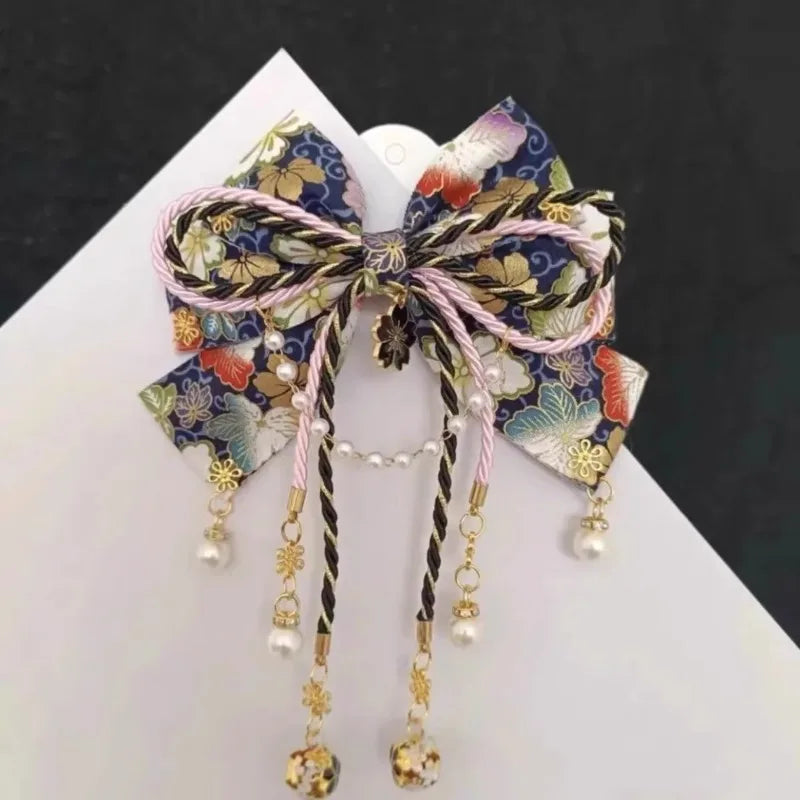 Japanese Style Girl with Hot Stamping Cherry Blossom Bow Hair Accessory Lolita Tassel Edge Clip Peaceful Pleasures Health and Wellness