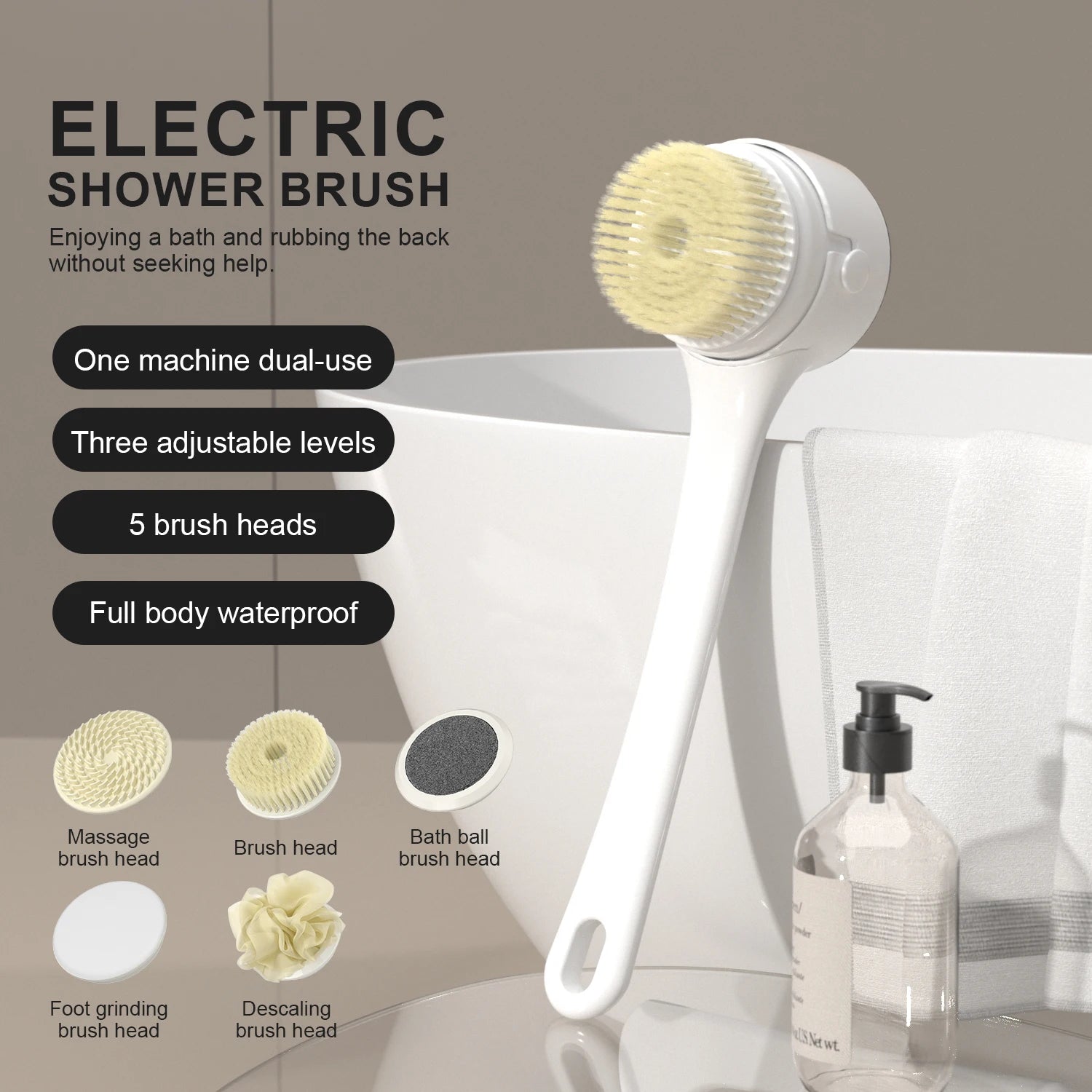2026 NEW Electric Shower Body Cleaning Brush 5 Heads Spinning Spa Bath Brush Waterproof Long Handle Personal Back Rubbing 3 Gear Peaceful Pleasures Health and Wellness