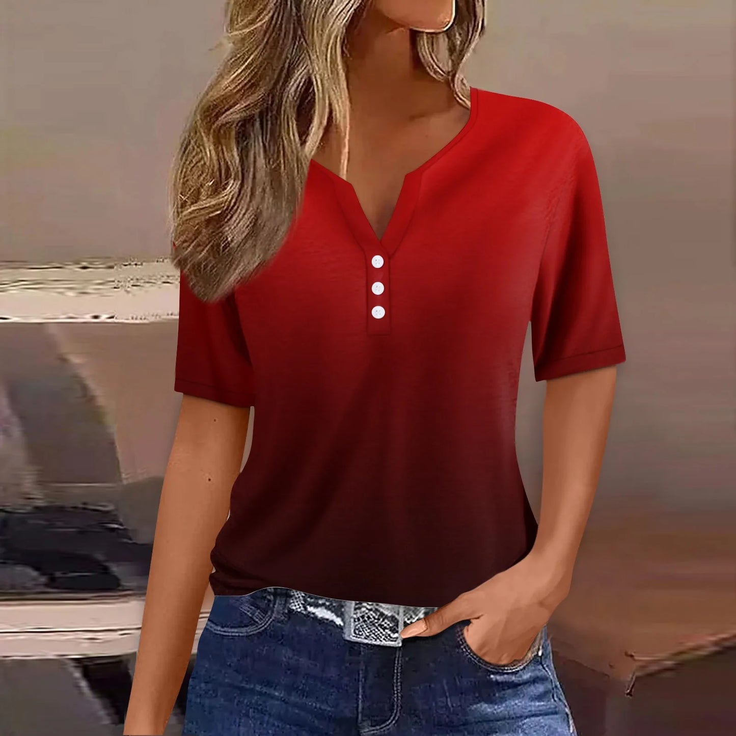 Women Summer Trendy Simple Casual Fashion Button T Shirt V Neck Short Sleeve Solid Loose Pullover Tops Plus Size Ropa De Mujer Peaceful Pleasures Health and Wellness Wine XXXL