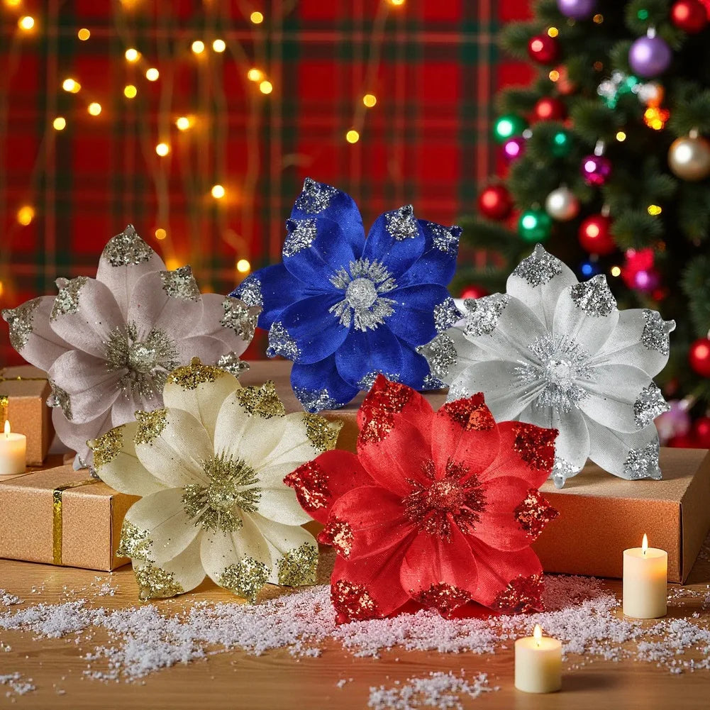 Gold Glitter Christmas Artificial Flowers – Set of 4 | Holiday Decor