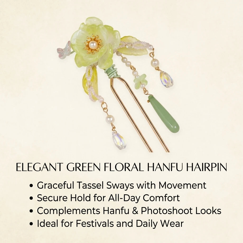 Green Classical Hairpin For Hanfu Alloy Tassel Design Peaceful Pleasures Health and Wellness