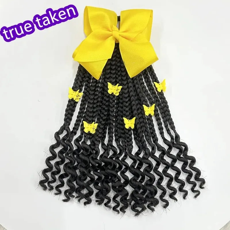 Kids Braided Ponytail with Beads and Bow Kids Hair Extension Ponytail with Curly End for Girls Black Girl Hair Accessories Peaceful Pleasures Health and Wellness