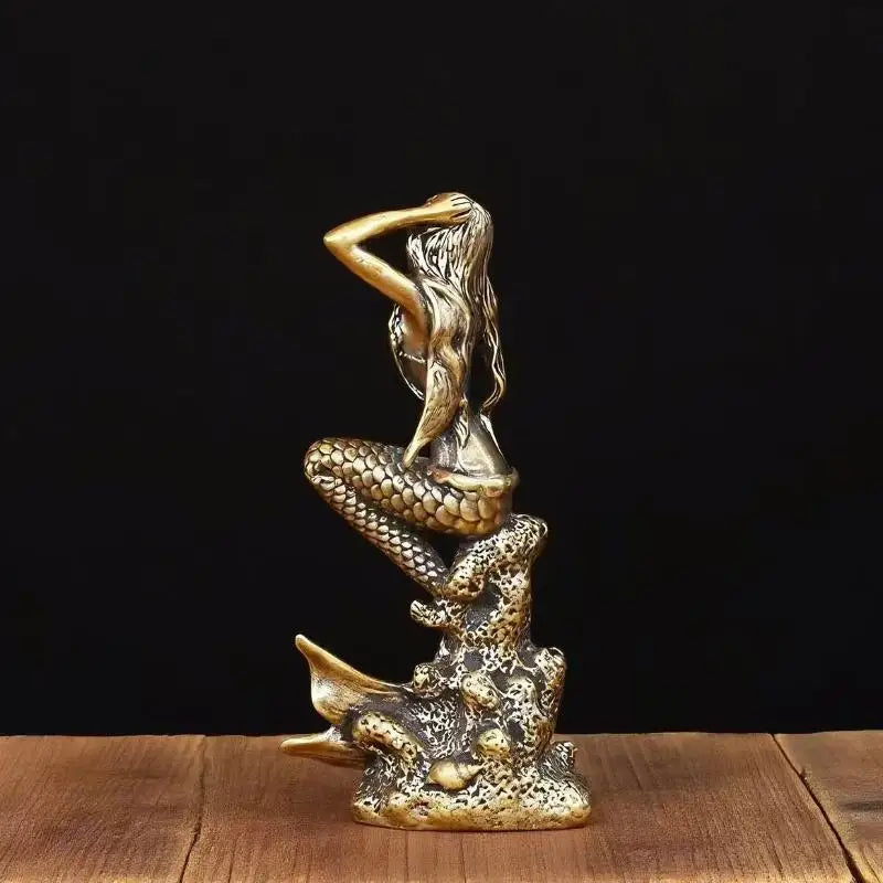 Mini Brass Mermaid Figurine, Fairy Tale Character, Princess Statue, Creative Home Decoration for Girls' Rooms Surprise Gift Peaceful Pleasures Health and Wellness