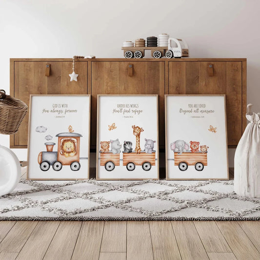 3-Piece Bible Verse Safari Train Kids Canvas Wall Art Set Canvas Wall Art Set Peaceful Pleasures Health and Wellness G4420-3pcs 60x80cm Unframed